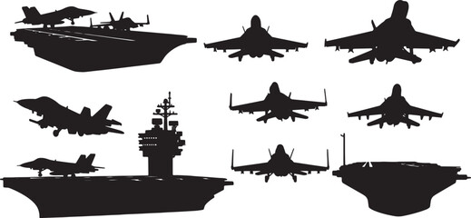 Black Solid Aircraft Carrier Operations Silhouettes Set of Six on White Background © Sahileditz
