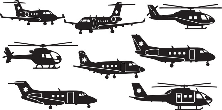 Black Solid Air Ambulance and Medevac Planes Silhouettes Set of Six on White Background
