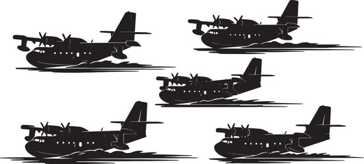 Black Solid Amphibious Aircraft Taxiing on Water Silhouettes Set of Six on White Background © Sahileditz