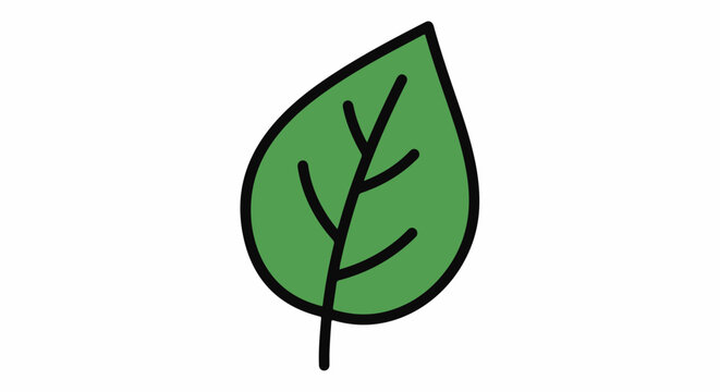 A cartoon-style illustration of a simple green leaf on a white background