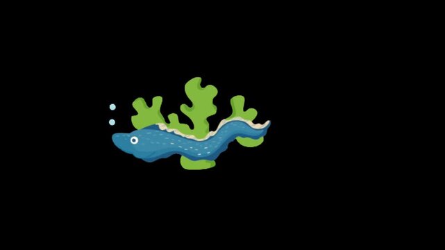 Cartoon eel swimming smoothly near sea plants with bubbles rising in dark underwater scene calm loop animation