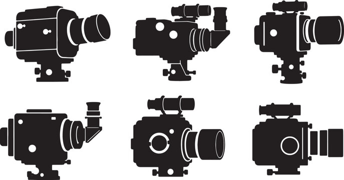 Black Solid Astronomical CCD Camera Silhouettes Set of Six on White Background