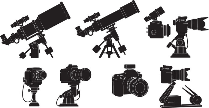 Black Solid Astrophotography Camera Silhouettes Set of Six on White Background