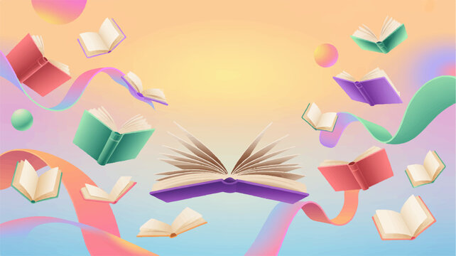 Vibrant 3d illustration of an open book surrounded by colorful pages and ribbons floating in a soft gradient background