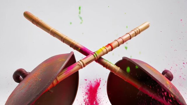 Traditional Holi Festival Scene with Colorful Gulal Powders and Handcrafted Bamboo Lathis for Cultural Celebration
