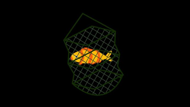 Playful orange fish glides through green aquatic plants with rising bubbles on a deep black background loop