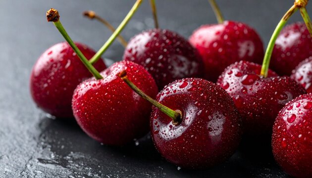 Two fresh, ripe red cherries with green stems are isolated on white and black backgrounds or served on a plate as a healthy, juicy summer fruit dessert