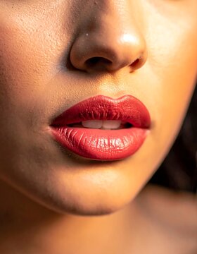 A close-up of a woman's lips with red lipstick