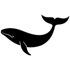Simple black silhouette of a whale with detailed fins and tail, isolated on white. © AbdulAlim
