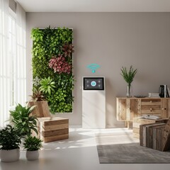 A bright, minimalist interior showcasing seamless integration of sustainable technology and lush natural elements for modern eco-conscious living, mindful, healthy lifestyle, modern interior
