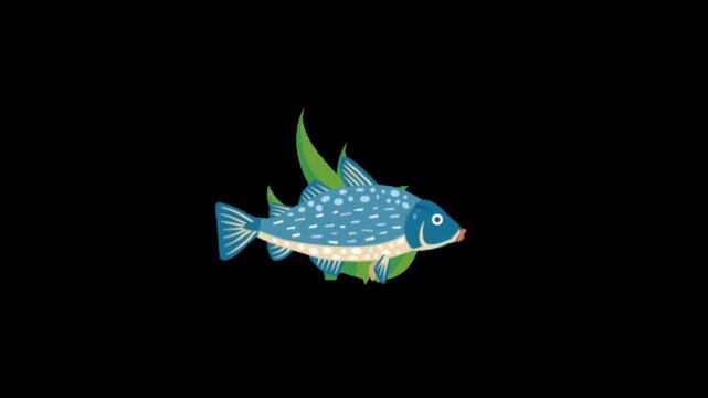 Playful orange fish swims through green aquatic plants with bubbles on a deep black background looped animation