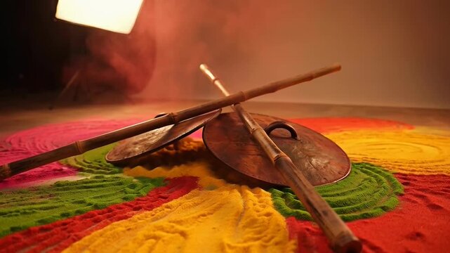 Traditional Lathmar Holi Bamboo Lathis and Leather Shield Arranged on Colorful Gulal Powdered Ground for Cultural Celebration