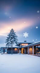 A luxurious eco-friendly villa bathed in soft, falling snow against a dramatic winter sky, showcasing elegant architecture amidst a pristine, cold landscape, beautiful, modern, snowfall