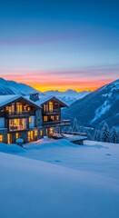 A luxurious alpine residence nestled in fresh winter snow, exuding tranquility and premium comfort. Remote mountain escape, mountain, chalet, architecture