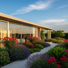 A minimalist house design featuring clean lines and large windows, surrounded by vibrant plants and a well-maintained garden. Offers a peaceful, stylish home, window, sustainable, peaceful