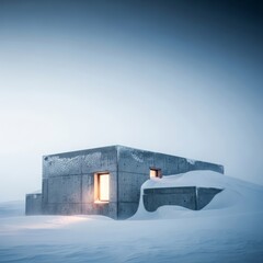 A resilient concrete eco house, partially buried in deep snow, battling extreme sub-zero temperatures under cold, diffused daylight with blowing ice, realistic, eco house, environment