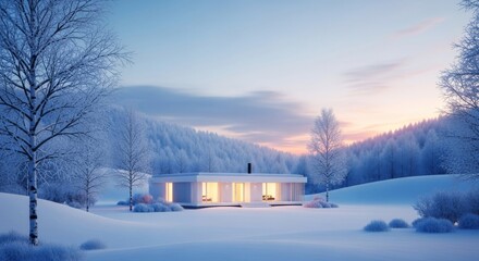 A pristine contemporary dwelling nestled in a tranquil winter wonderland, blanketed by soft, fresh snow under a peaceful sky, comfortable, inviting, peaceful