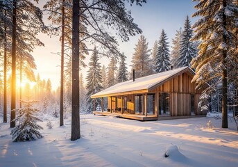 A serene eco house nestled in a winter forest, bathed in golden sunrise light filtering through snow-laden trees, tranquil scene, peaceful scene, dawn, solitude