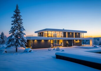 A sleek, contemporary villa nestled in a serene, snow-covered winter landscape. Its minimalist design complements the tranquil, frosty rural environment, environment, outdoor, modern