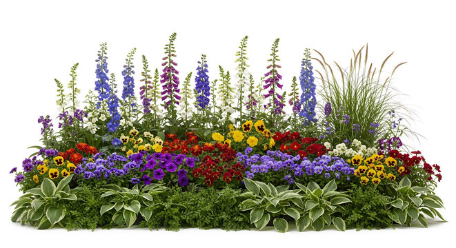 Front-facing wide flower bed cluster, layered flowers and leafy plants, high clarity, transparent background stock photography style