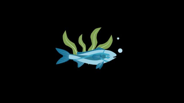 Vibrant orange fish swims among green aquatic plants with bubbles on a deep black background playful motion loop endless