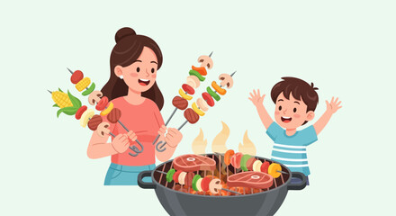 Happy Family BBQ Party Illustration with Mother and Son Grilling Skewers