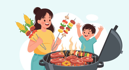 Happy Family BBQ Party Illustration with Mother and Son Grilling Skewers