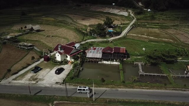 Drone Shot of Cars Parked at a Traditional Village at roadside Near Rice Fields