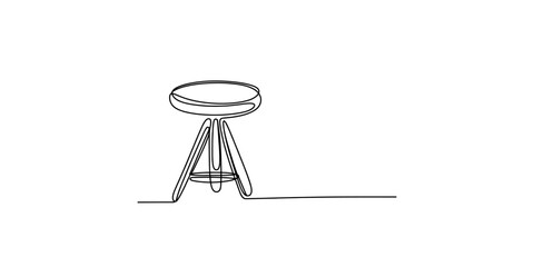 A minimalistic continuous line drawing of a rustic wooden tripod stool on a white background. Vector, illustration