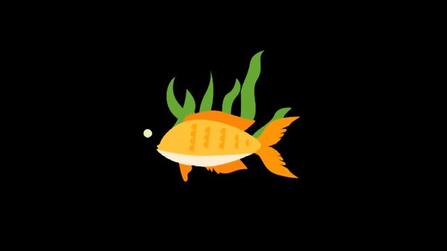 Animated orange fish with striped pattern swims gently among green seaweed with bubbles on black background playful cartoon style underwater