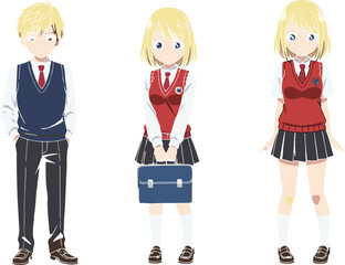 Anime School Student Characters Set with Blonde Boy and Girl Wearing Japanese Uniform Vests and Skirts Isolated on White Background