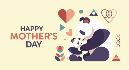 Mothers Day Panda Illustration with Heart Shapes in Flat Design on Pastel Background for Greeting Card © Any