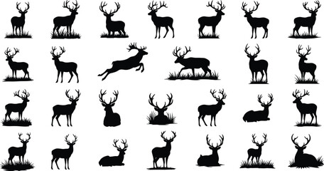 Deer Silhouette Set, Large Buck with Antlers in Grass, Reindeer, Elk, Stag, Forest Wildlife Animals Vector Illustration for Nature Outdoors Design © Mehedi