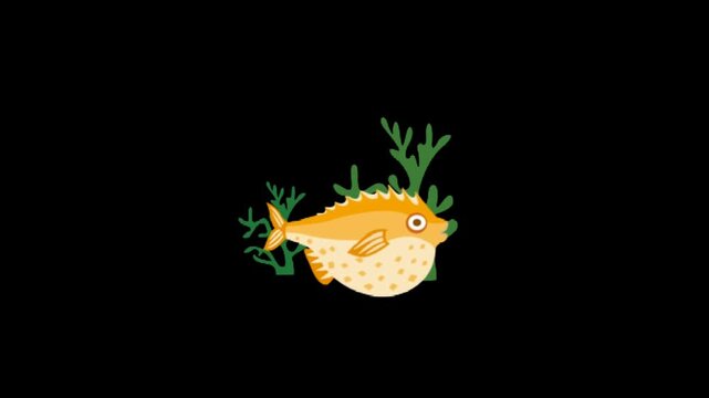 Animated orange spotted fish swims playfully among green leaves with blue bubbles on black background cartoon style underwater scene