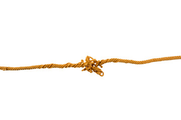Golden twisted rope with a tangled knot in the center, stretched horizontally on a Transparent background, symbolizing problem, tension, connection, challenge, and solution concept.