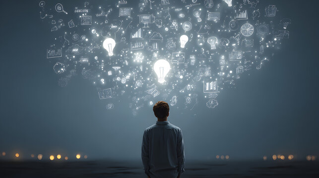 Person standing with back to viewer looking at floating light bulbs and various in a dark sky back view