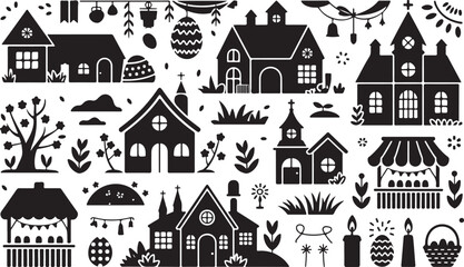 Obraz premium Miniature village houses and festive town market stall silhouettes