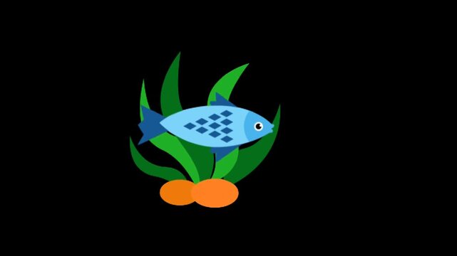 Animated blue fish with checkered pattern swims over green seaweed and orange pebbles on black background playful cartoon style underwater