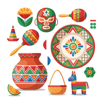 A collection of festive, colorful illustrations of traditional Mexican objects