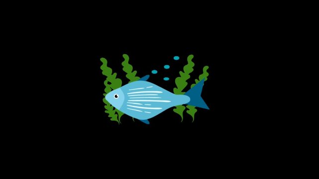 Animated blue fish swims gently among green seaweed with bubbles on black background playful cartoon style underwater scene