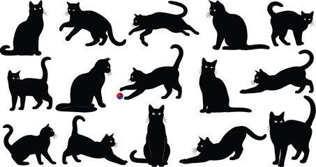 Cat silhouettes in playful and relaxed poses, vector illustration design showing feline behaviors for animal artwork and decorative projects © Hafeza