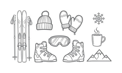 Winter Ski Equipment Collection Hand Drawn Outline Icons Set