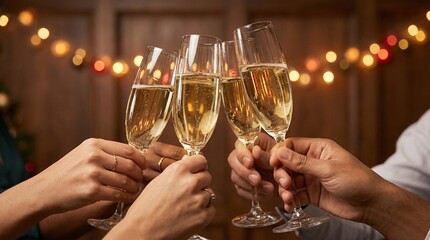 Four diverse hands raise champagne flutes in a celebratory toast against a warm background illuminated by festive string lights.