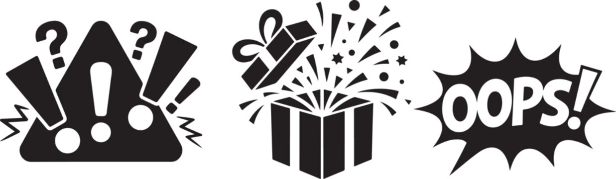 Surprise gift box with oops speech bubble and warning alert symbols