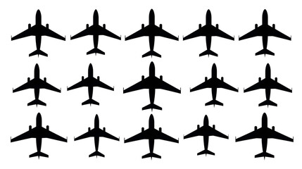 Collection of black airplane silhouettes viewed from the top, showcasing various aircraft types and wing shapes.