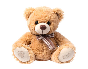 Obraz premium A plush tan teddy bear with a brown plaid bow