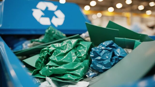 Recycling bin with plastic waste and symbol for environmental sustainability efforts