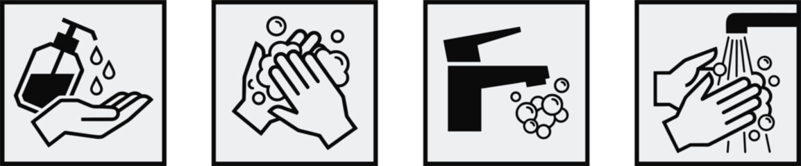 Obraz premium Hand Hygiene Icon Set with Soap Dispenser Handwashing Faucet Water and Sanitizer Protection Symbols