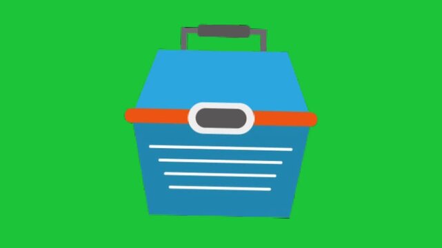 Animated blue toolbox with handle and latch opens and closes smoothly on bright green screen playful cartoon style