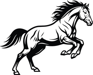 Fototapeta premium Galloping wild horse vector illustration, majestic stallion jumping with flowing mane, black and white animal mascot for logo and sport design.